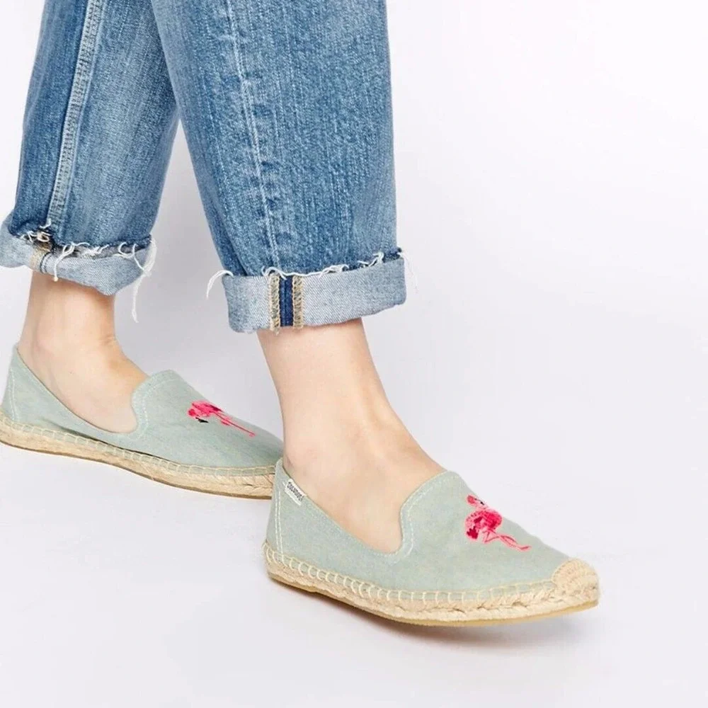 New! SOLUDOS •Women 5.5• Embroidered Flamingo Smoking Slipper Flat Espadrille
